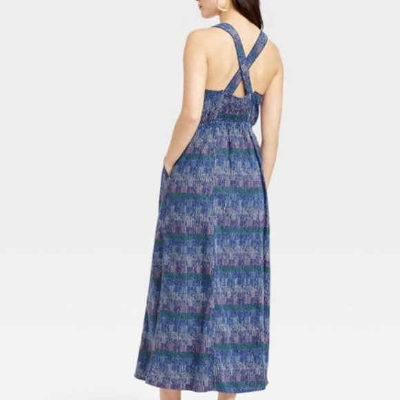 👗 NWT Universal Thread Navy Purple Striped Cross Back Linen Dress sz XS 💜 - Picture 2 of 11